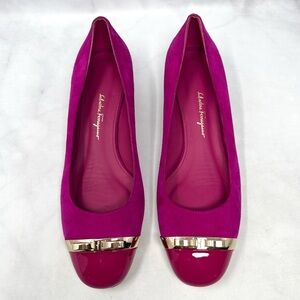 Salvatore Ferragamo Vulci Bow Suede Patent Leather Cap Toe Heeled Ballet Flats 7